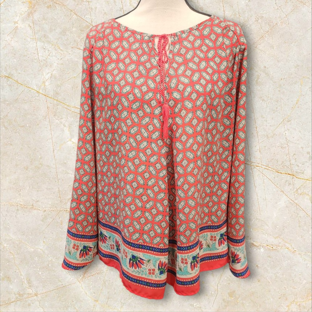 New Directions Boho Print Blouse XL Red Teal Floral Border‎ Peasant Top Bohemian